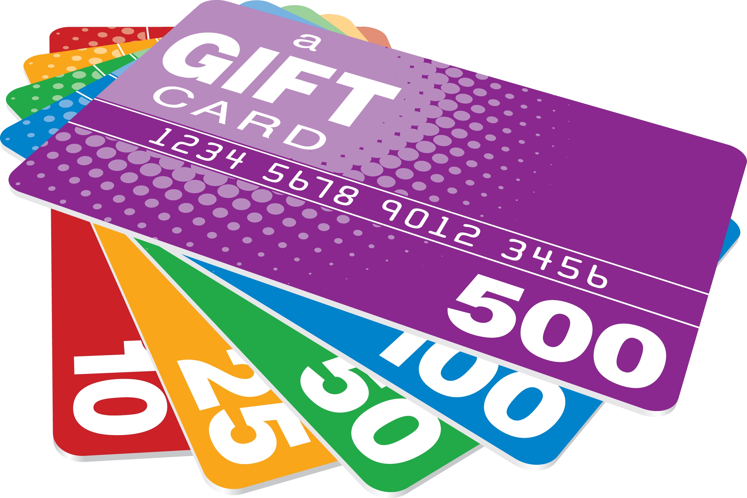 Four brightly colored cards with different denominations representing a gift card and loyalty program.